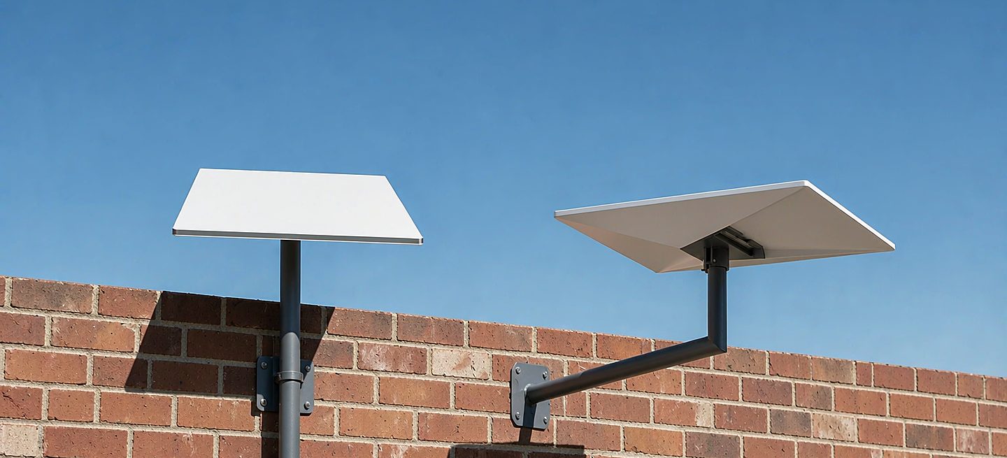 A basic tripod beside a heavier-gauge wall bracket, showing the difference in materials and reach