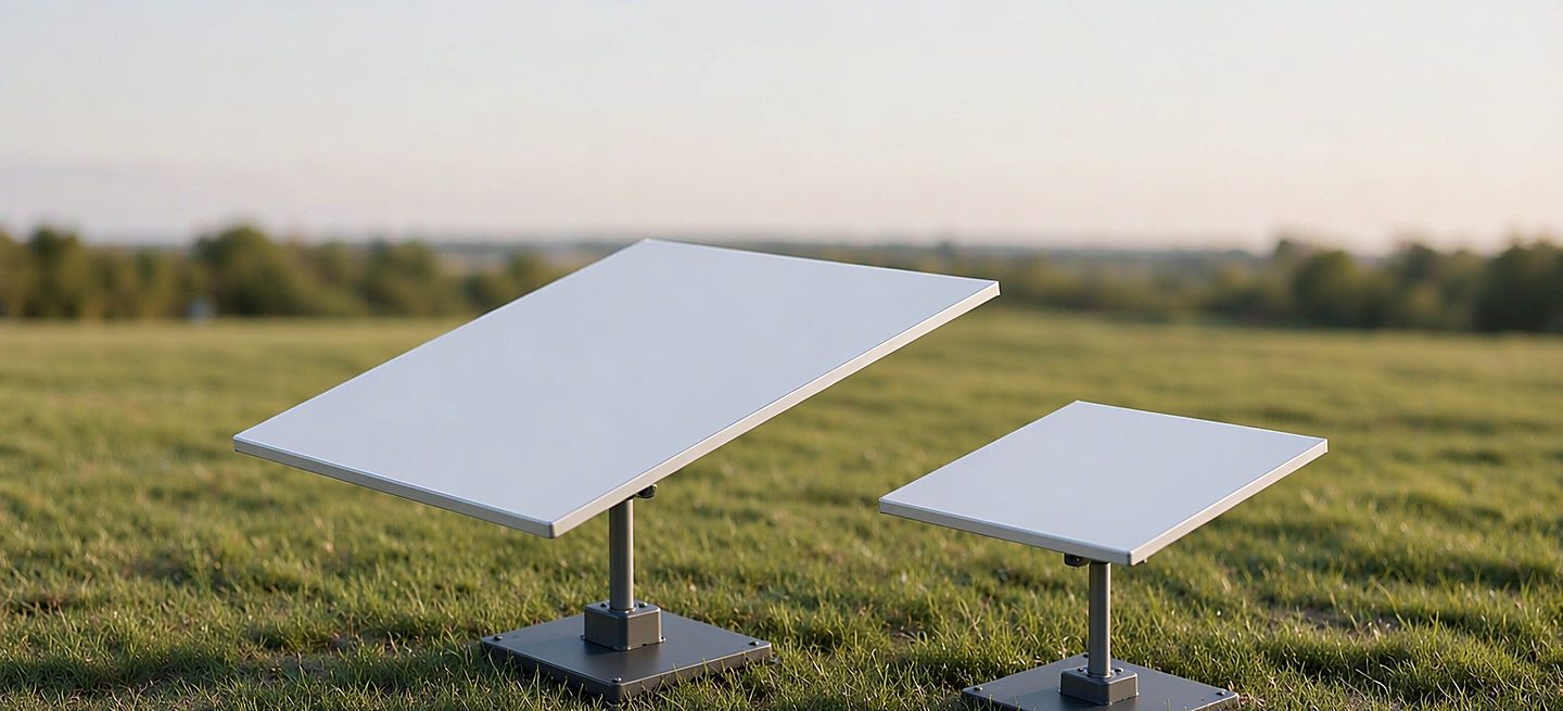 A standard-size Starlink dish and a Mini Starlink dish side by side on a wooden deck in warm evening light, showing the size gap between them