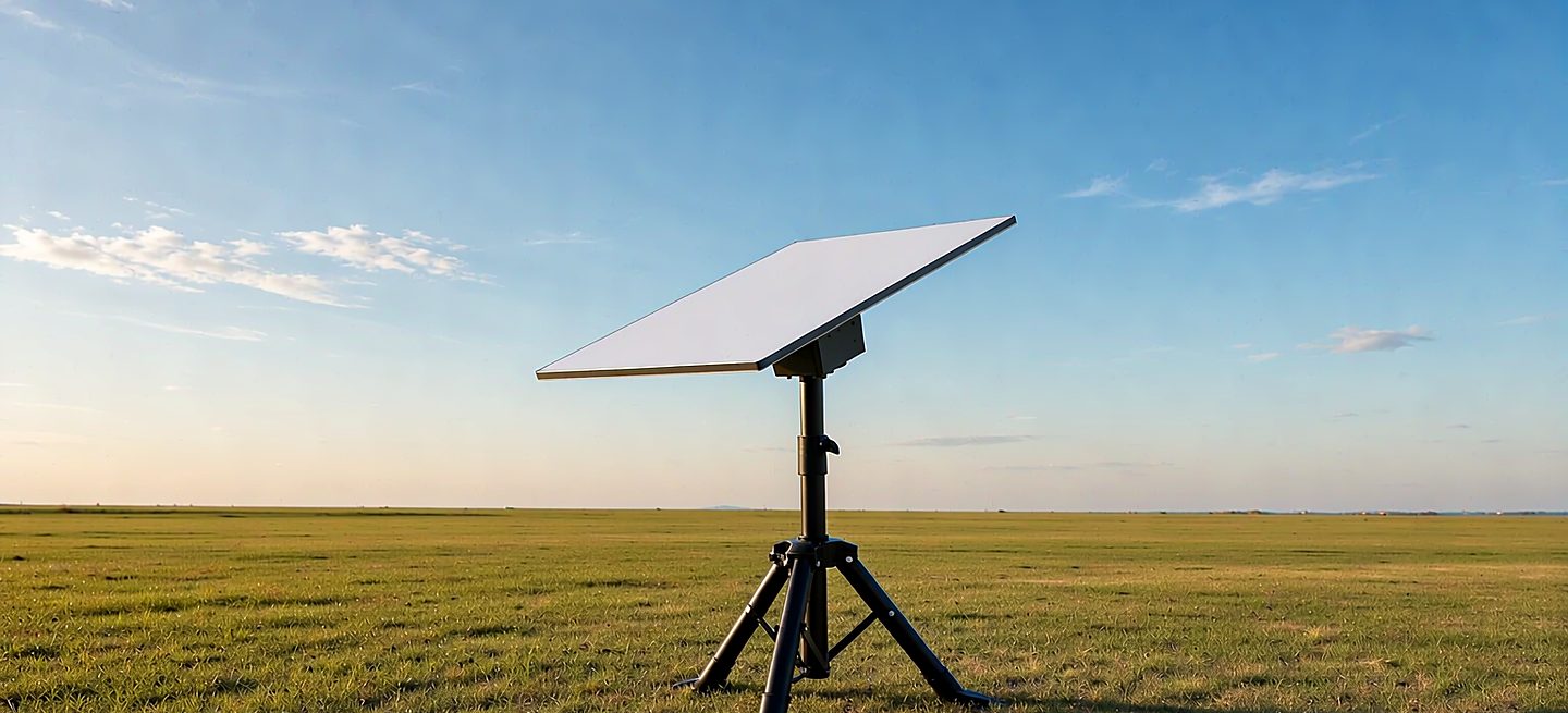 Starlink dish held on a black steel arm bracket bolted through a brick wall, with clear sky and pine forest behind — the roof covering is untouched