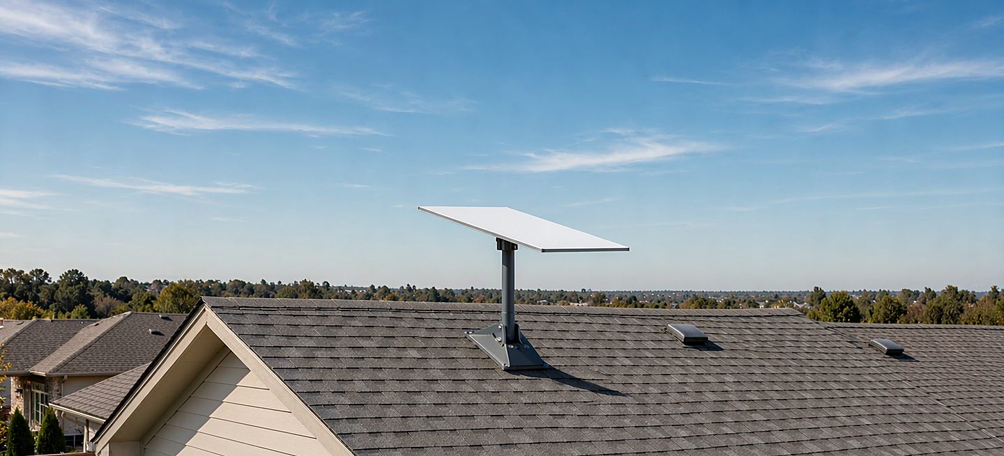 A dish on a raised mount looking over a nearby obstruction toward open sky, with a distant tree line low on the horizon behind it