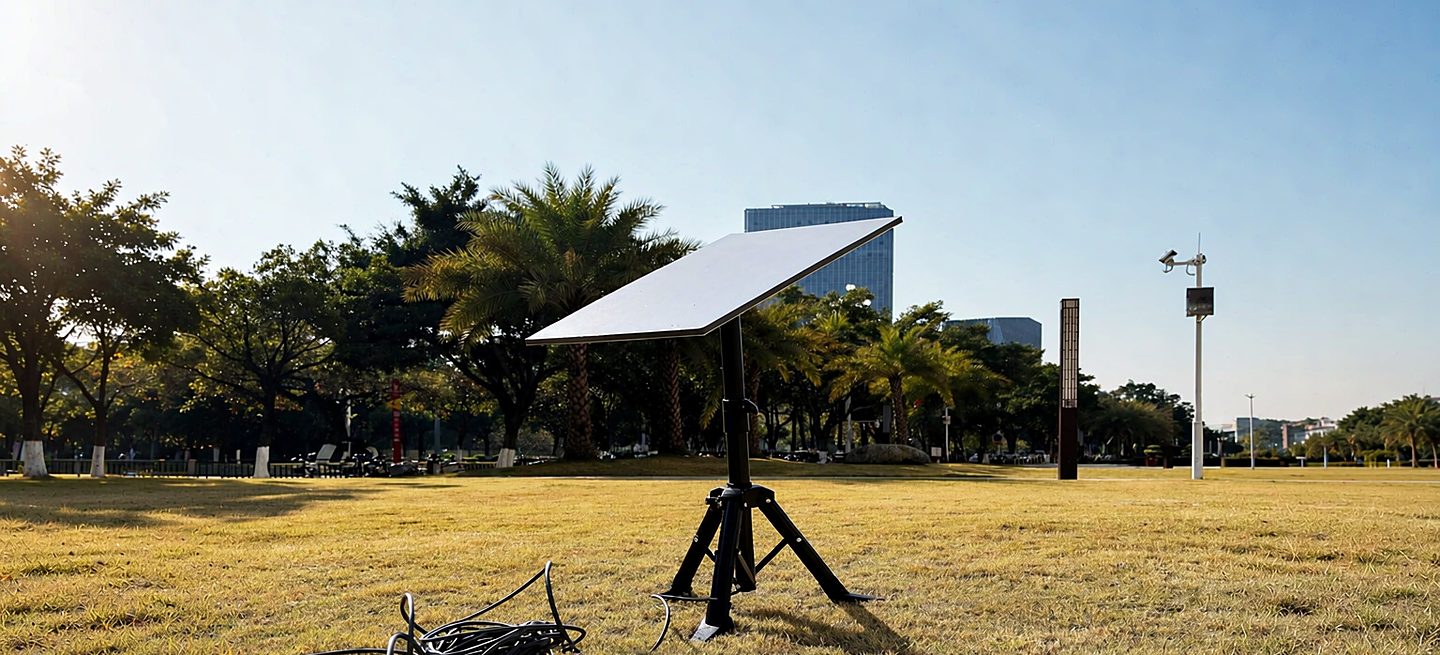 A Starlink dish on a freestanding stand beside a portable power station at a remote site