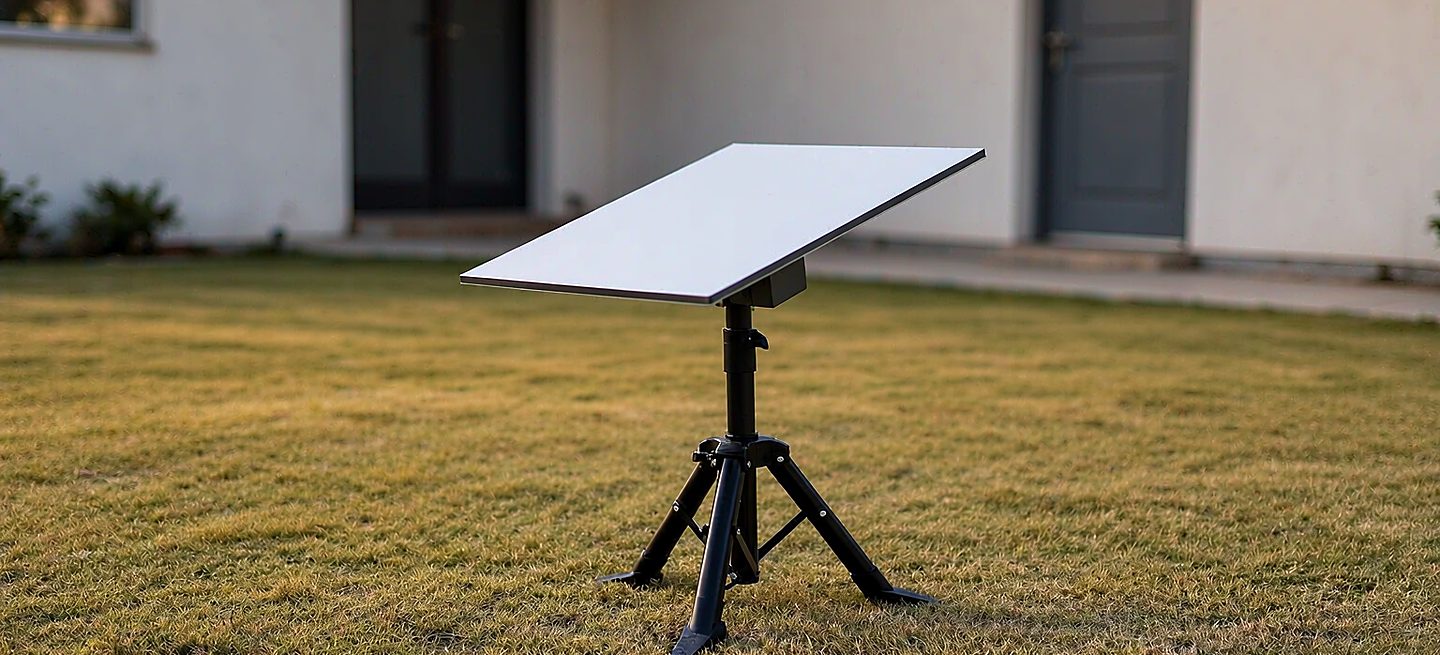 A freestanding Starlink stand set up on the grass of a rented house, with the building behind it completely untouched and no fixings anywhere
