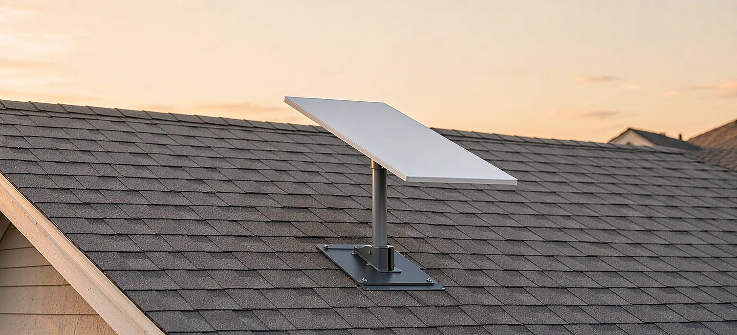 A Starlink roof mount fixed to a pitched roof with the cable routed and sealed through the covering