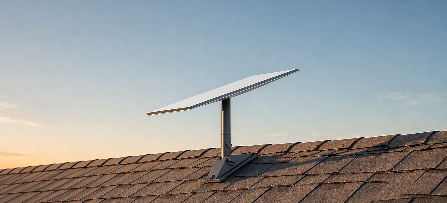 A low-profile black steel roof mount bolted through the standing seam panels of a pitched metal roof, carrying a flat rectangular phased-array panel aimed at open sky