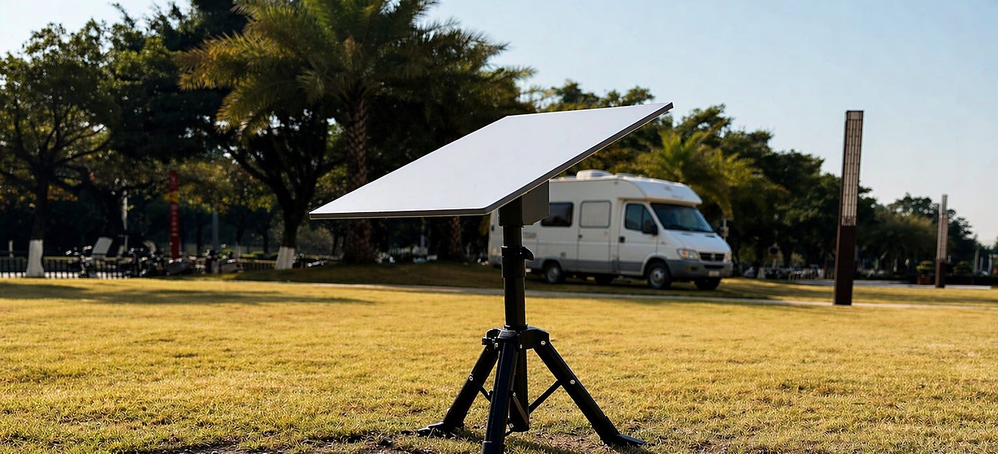 A Starlink dish on a freestanding stand beside an RV with the cable run to the vehicle and a power setup nearby