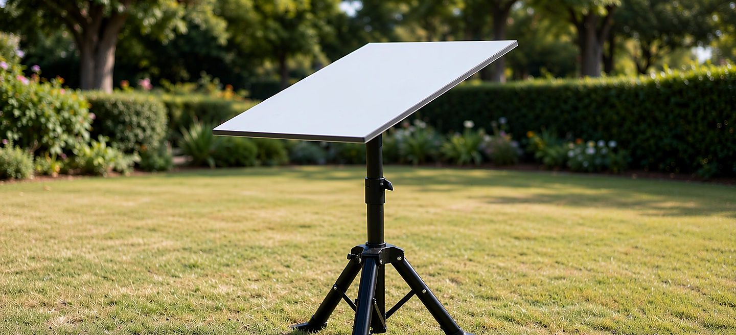 A freestanding Starlink dish on a tripod stand in a back garden at golden hour, aimed at open sky above a pine treeline, with a house left untouched in the background
