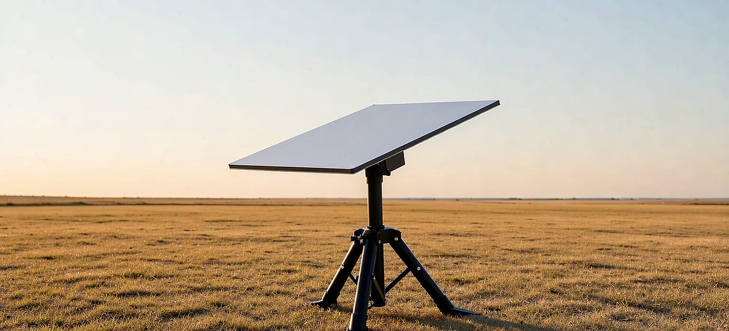 A Starlink dish on a freestanding tripod on open grass, showing a portable setup